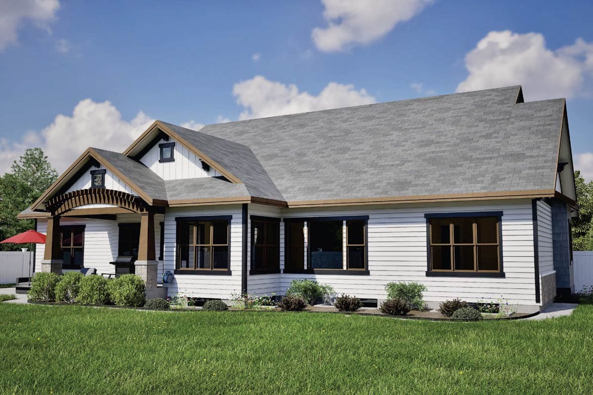 House plan exterior: Modern Farmhouse style, one-story, with gabled dormer, covered front porch with pergola, and horizontal siding.