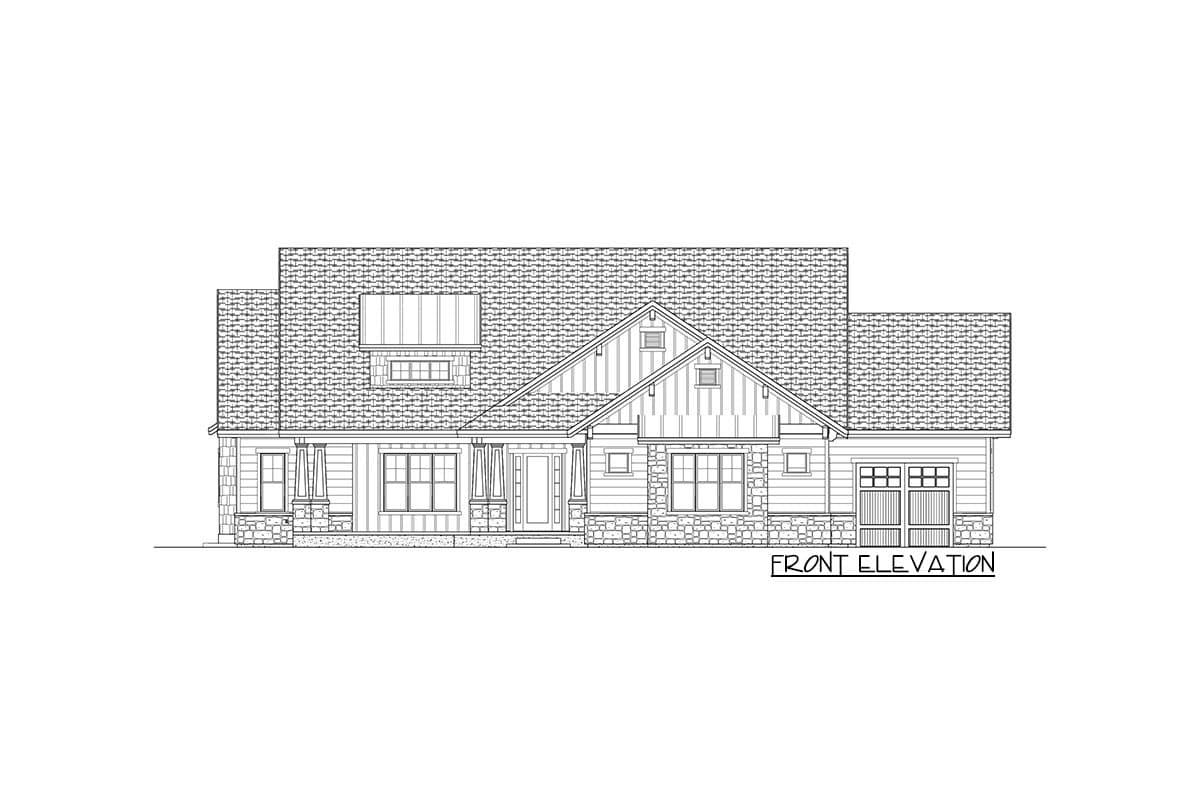 Front elevation drawing of a two-story house with a prominent gable, stone accents, covered porch, and attached garage.