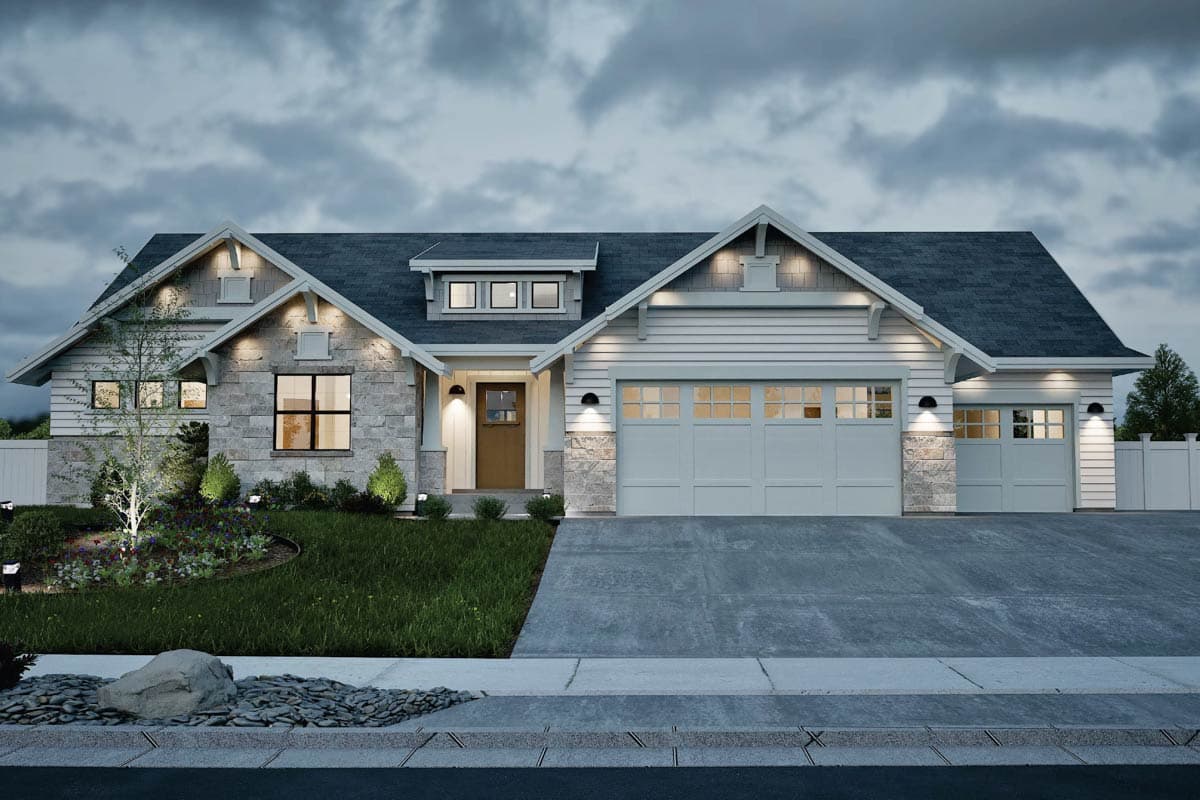 House plan exterior: Modern Farmhouse style, one story, white siding, stone accents, dormer, gabled rooflines, double garage.