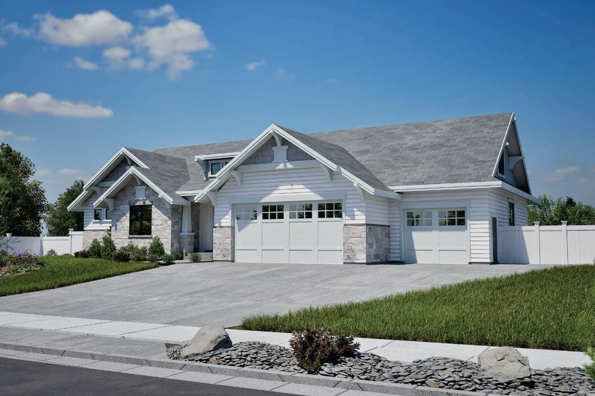 House plan exterior: Modern Farmhouse style, 1.5 stories, with stone accents, multiple gables, and a 3-car garage.
