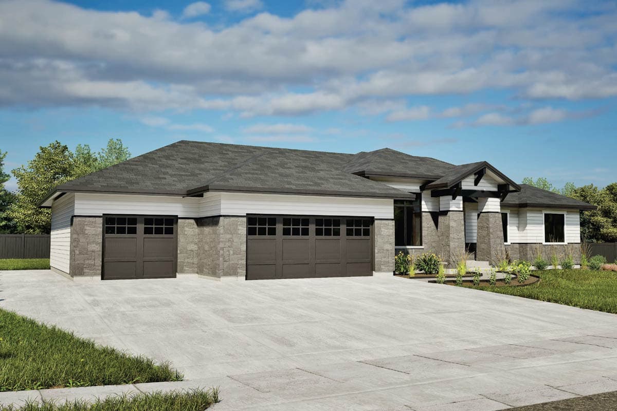 House plan exterior: Single-story Modern Farmhouse with a three-car garage, stone accents, and a covered entry.