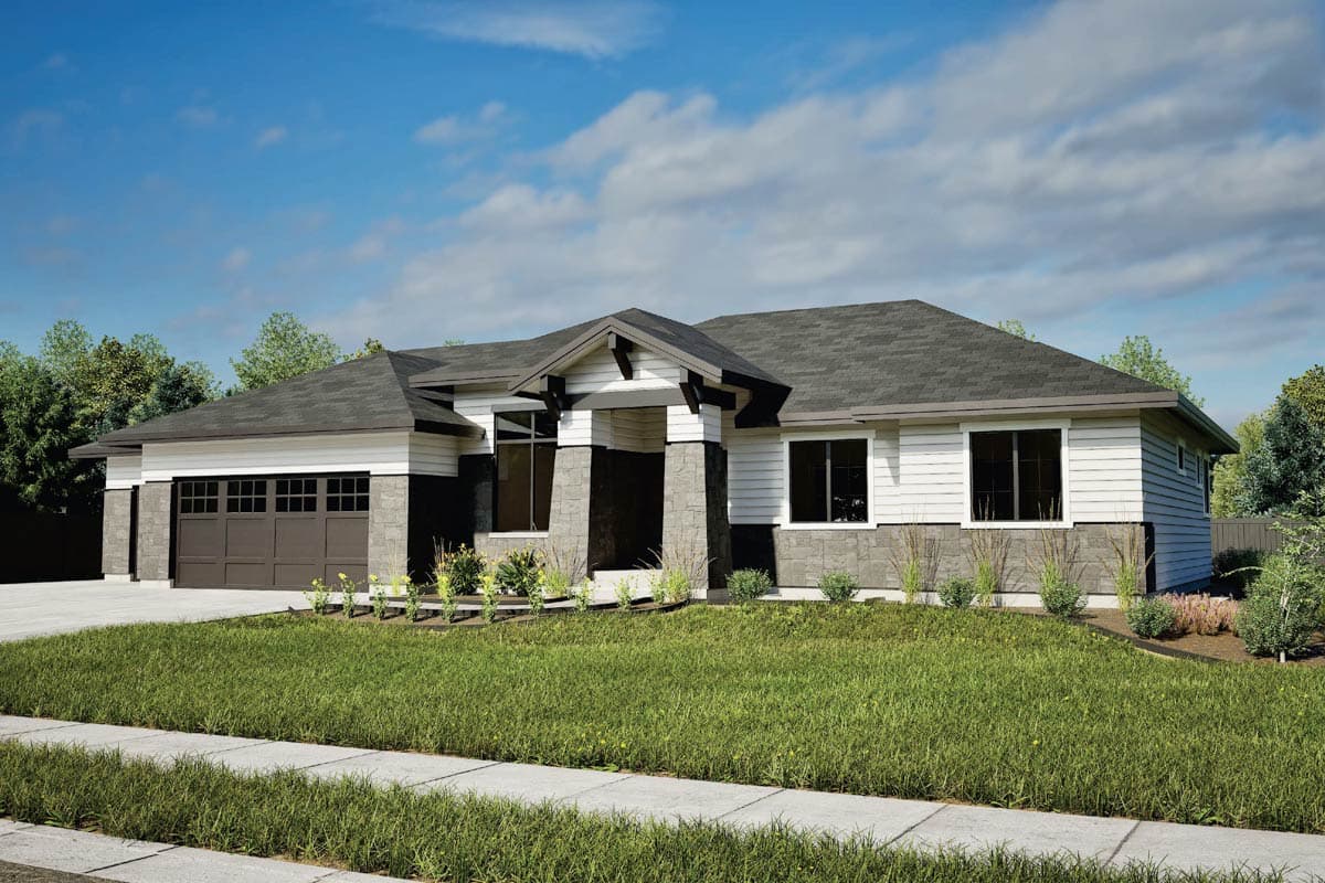 Modern house plan exterior with a hip roof, white siding, stone accents, covered entry, and a three-car garage.