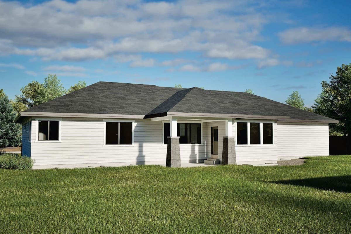 Ranch-style house plan exterior with a covered entry supported by stone-clad columns, horizontal siding, and multiple gables.