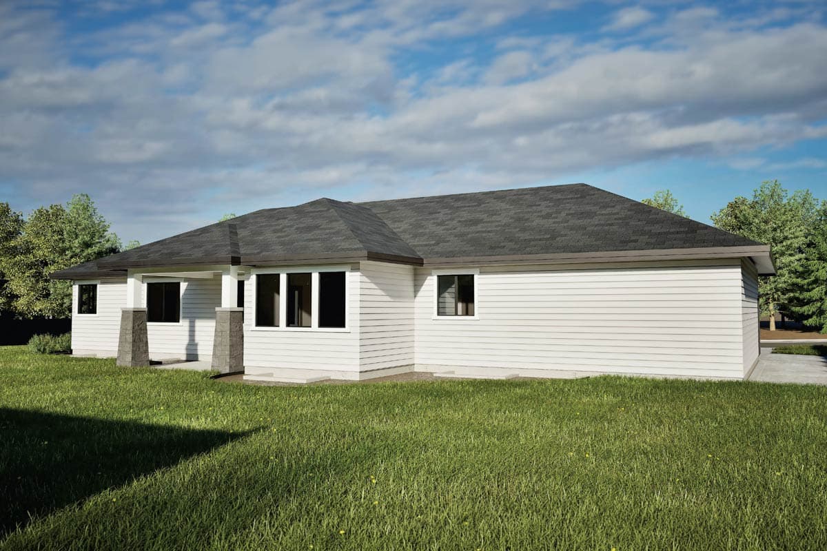 House plan exterior: single-story modern home with white siding, dark roof, covered entry with stone pillars, and multiple windows.