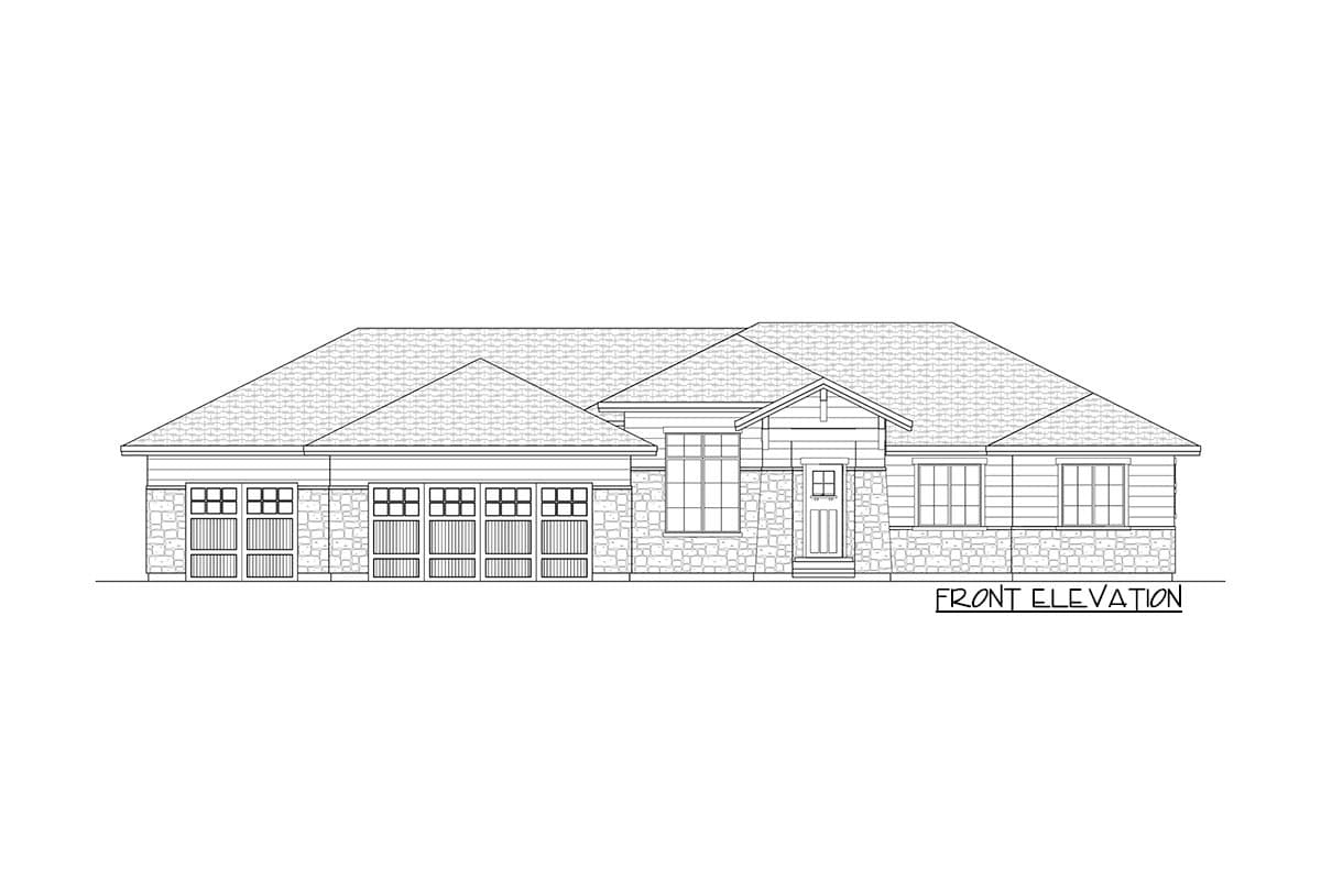Front elevation drawing of a single-story house with a multi-car garage, stone facade, and gabled entry.