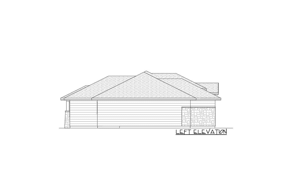 Left elevation drawing of a house plan with horizontal siding and stone accents. Features gabled rooflines.