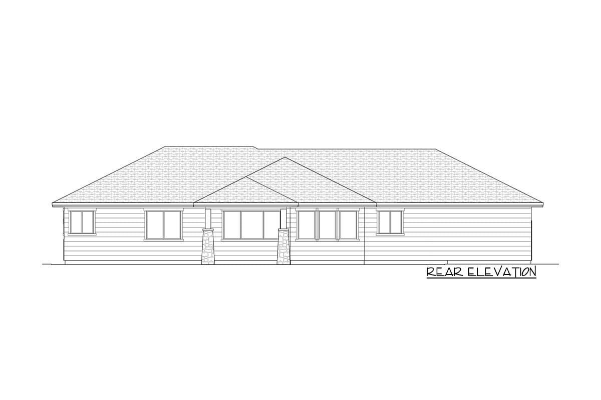 Rear elevation drawing of a one-story house plan with horizontal siding, multiple windows, and a covered porch supported by stone pillars.