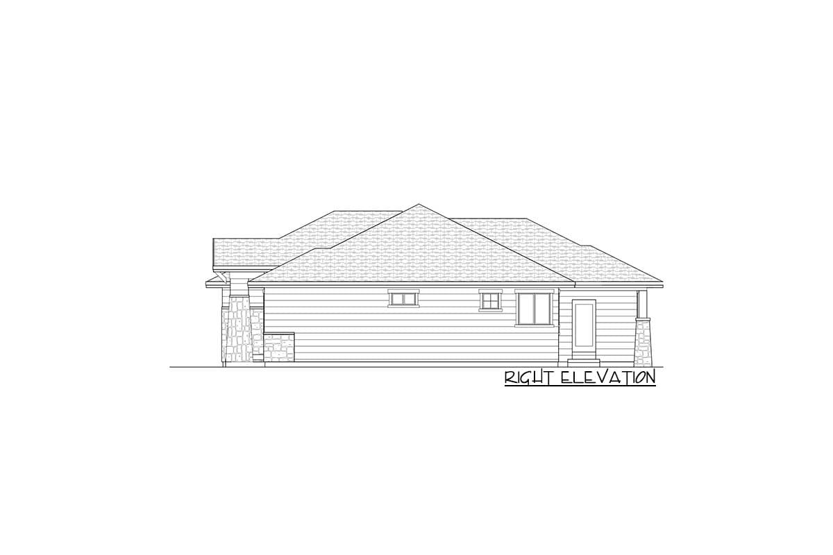 Right elevation drawing of a single-story house plan featuring horizontal siding, stone accents, and a gabled roof.