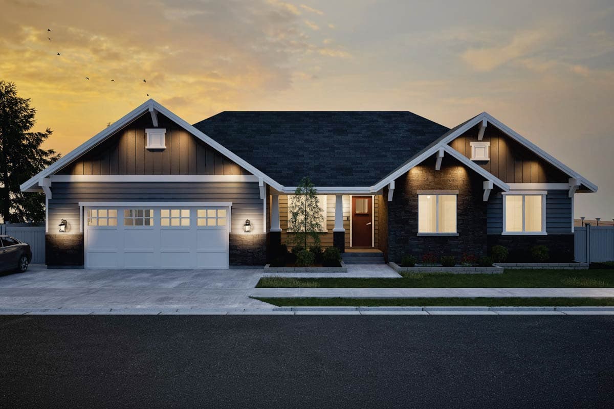 House plan exterior: single-story Modern Farmhouse with three gables, a two-car garage, stone accents, and covered entry.