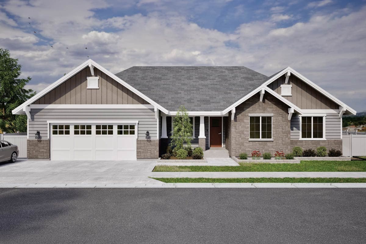 House plan exterior. Ranch style with a two-car garage, multiple gables, and stone veneer accents. Features a covered entry and decorative brackets.