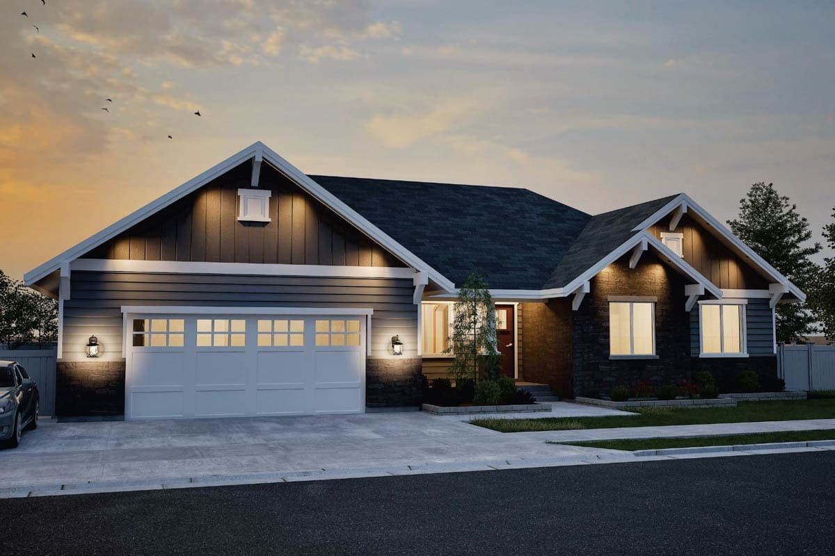 Ranch house plan exterior with a three-car garage, stone accents, gabled rooflines, and decorative eaves.