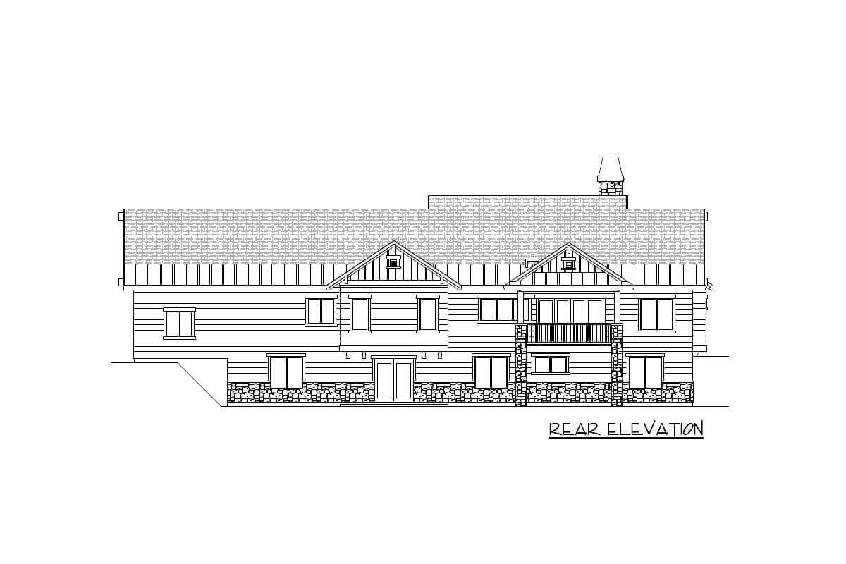 Rear elevation drawing of a two-story house with stone foundation, gables, multiple windows, and a second-story balcony.