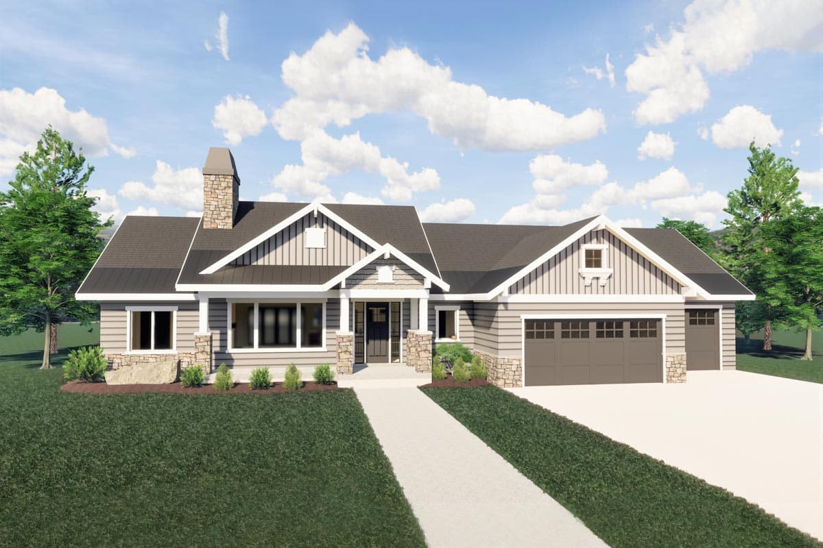 House plan exterior. Ranch-style home with stone accents, gabled rooflines, and a three-car garage. Features a prominent chimney and entryway.