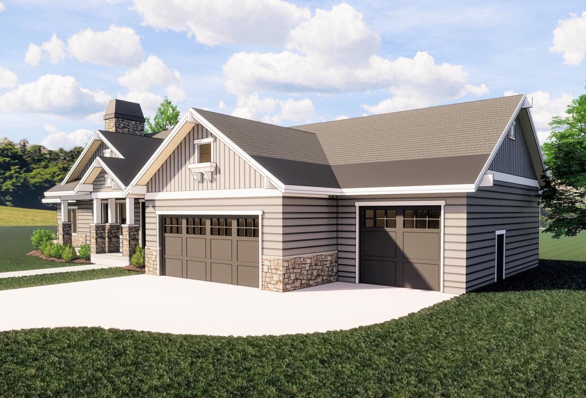 House plan exterior: Modern Farmhouse style, one story, with stone accents, gables, dormers, and a three-car garage.