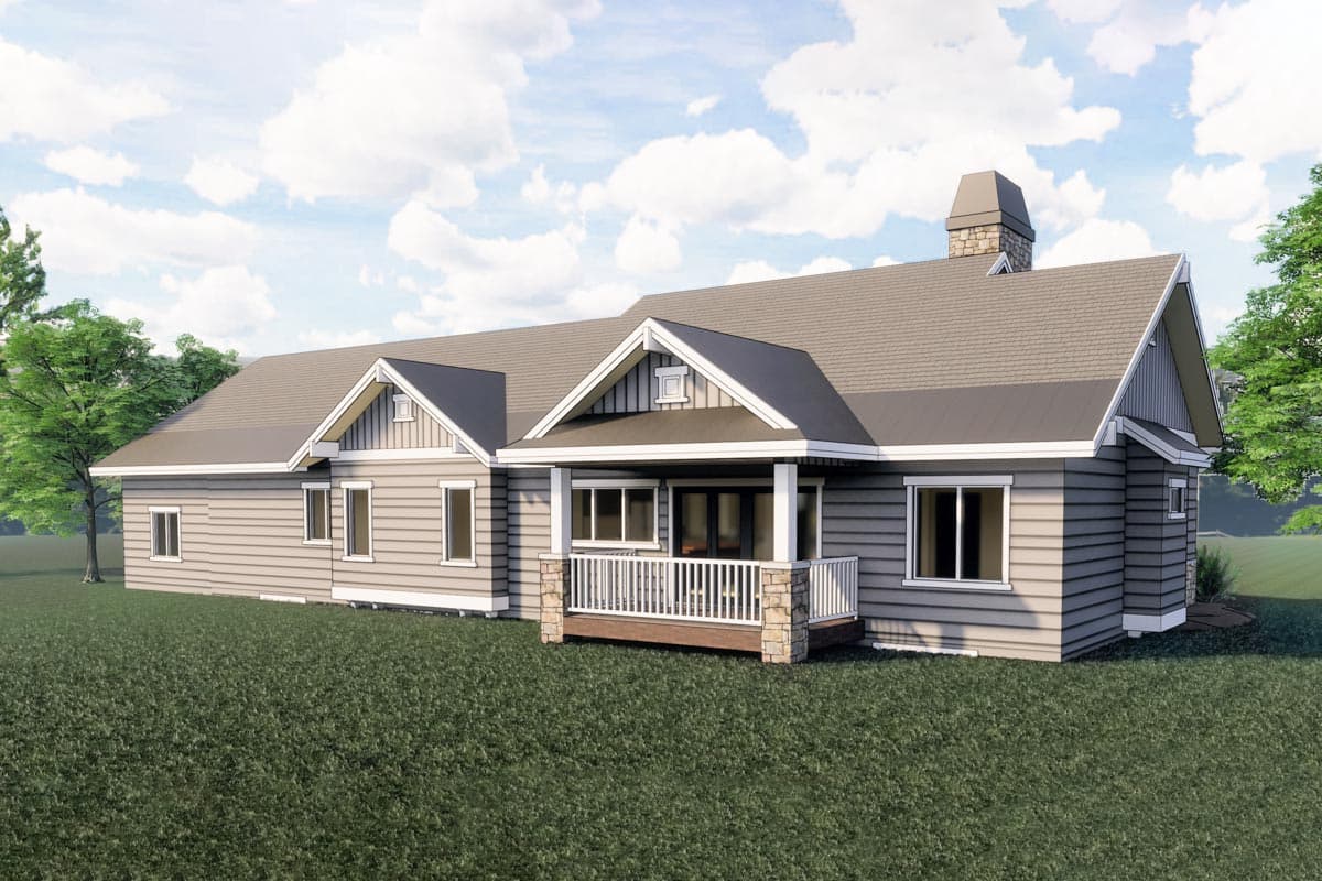 House plan exterior rendering of a single-story Modern Farmhouse with gabled rooflines, a covered porch with stone accents, and horizontal siding.
