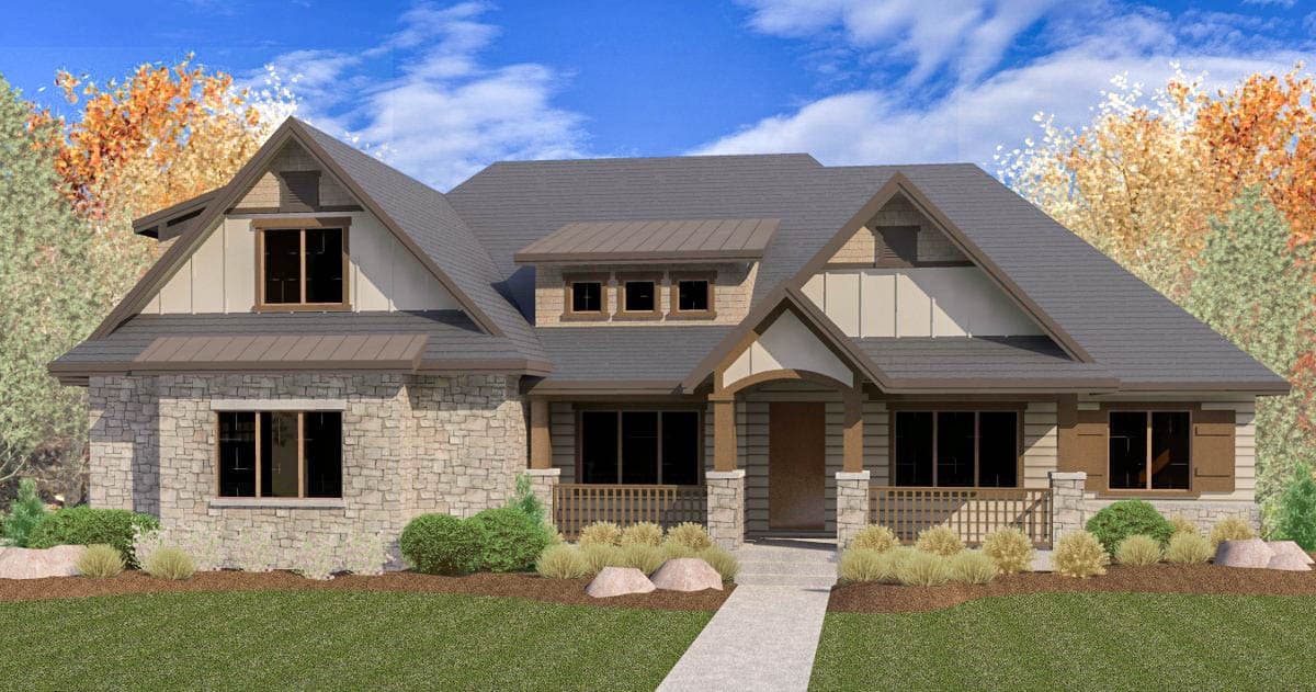 House plan exterior. Craftsman style, one story home with multiple gables and a covered porch. Stone veneer and shake siding are visible.