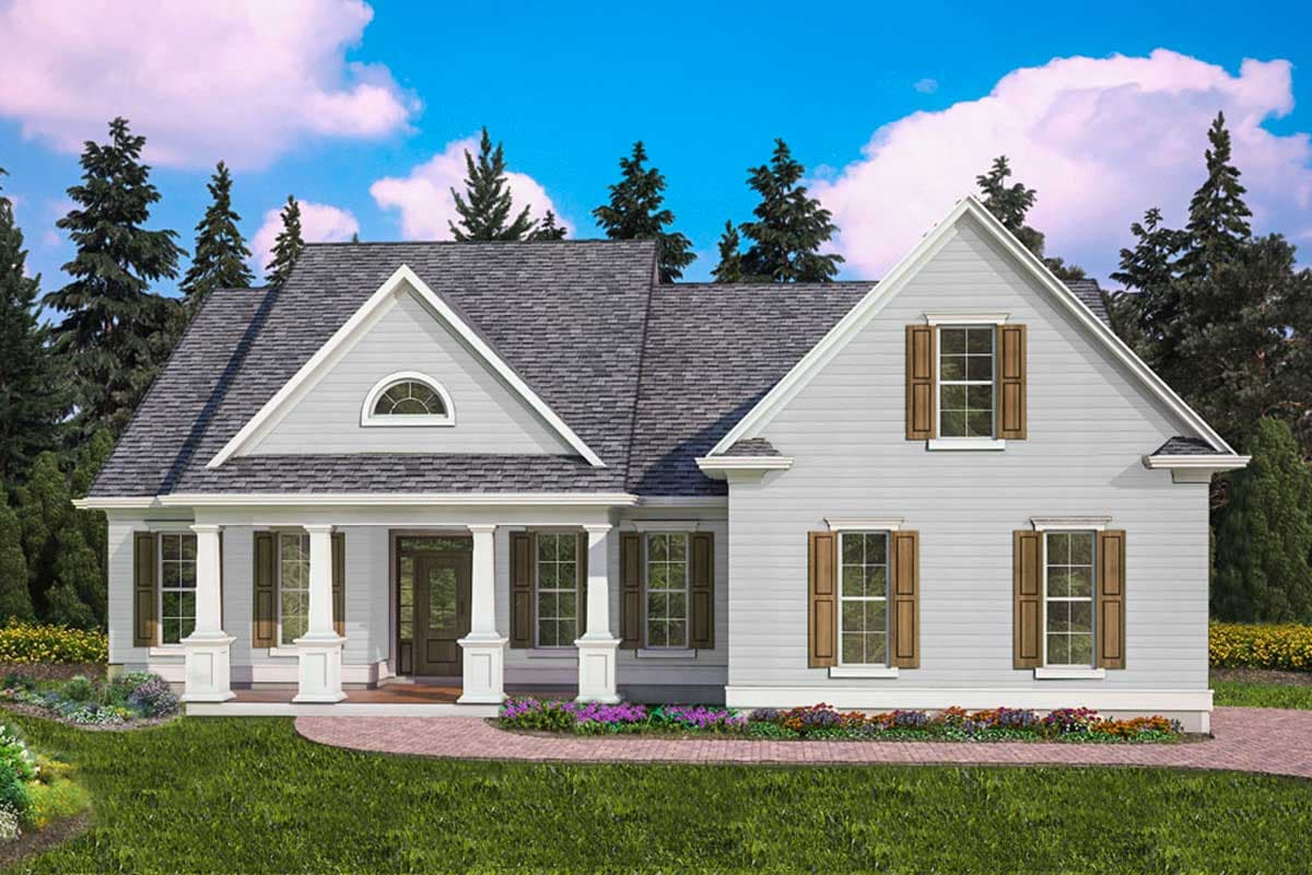 House plan exterior: One-story Modern Farmhouse with covered porch, white columns, gables, arched dormer, and shuttered windows.