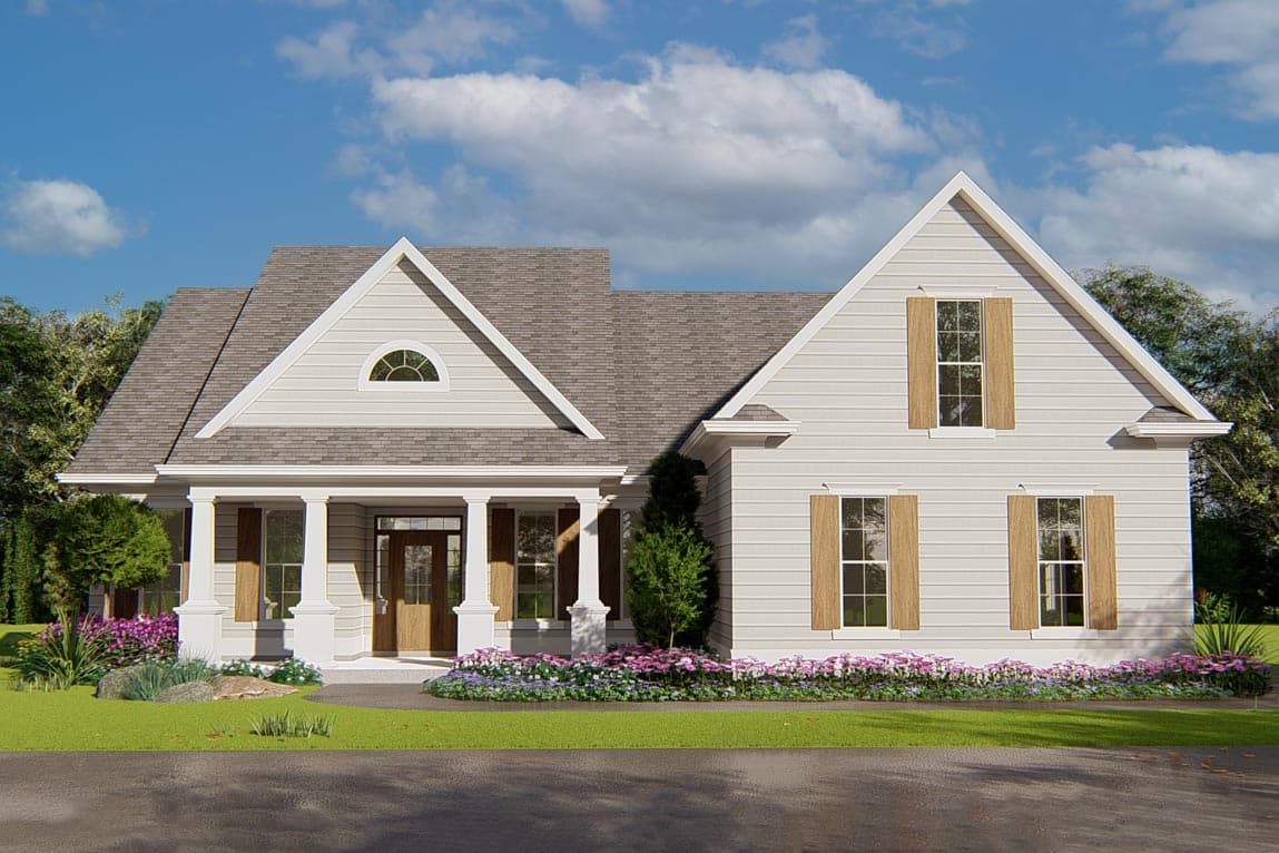 House plan exterior with two stories. Features include a front porch with columns, gables, and wood shutters on the windows.