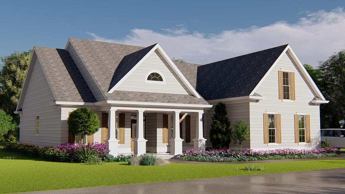 House plan exterior: One-story Modern Farmhouse with covered entry porch, gabled dormers and vinyl siding.