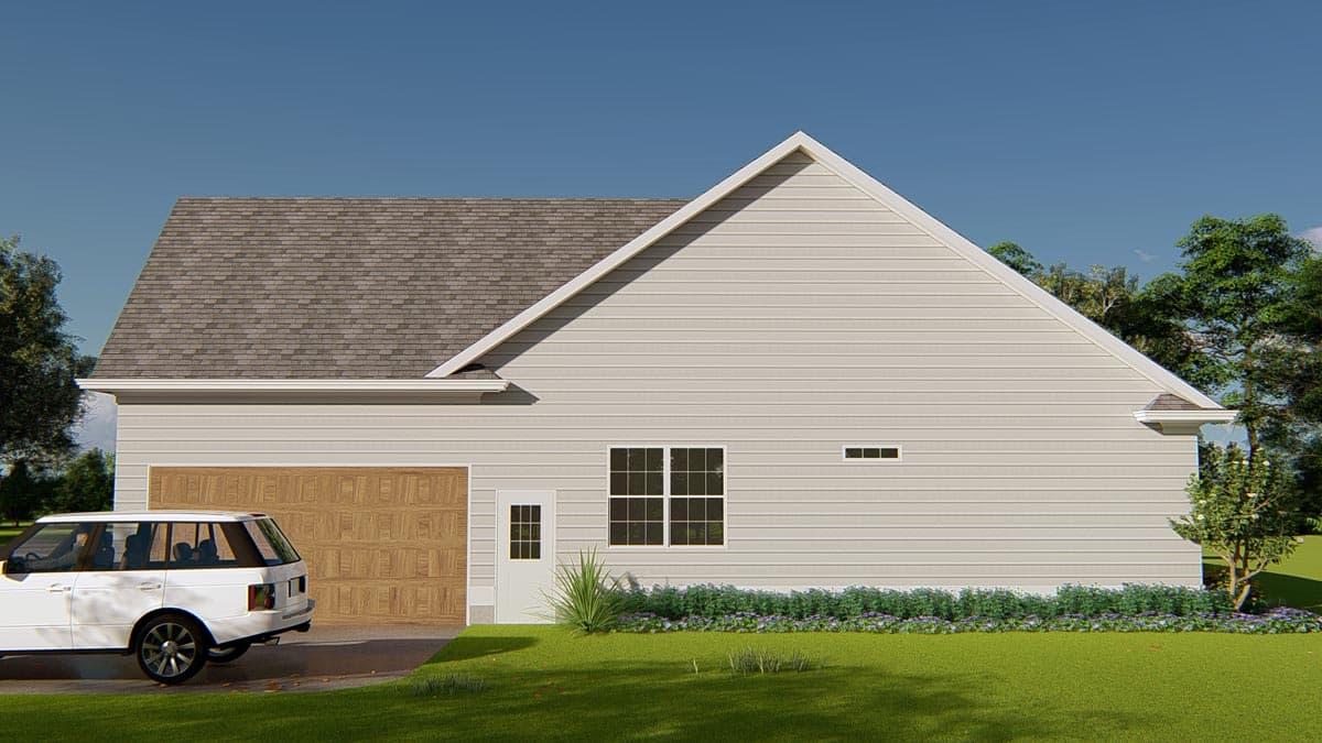 House plan exterior, single-story residence with attached garage, gable roof, and vinyl siding.