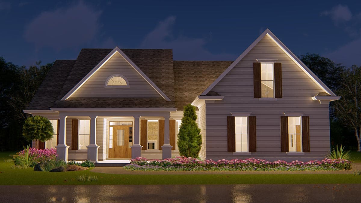 House plan exterior featuring a wide front porch with columns, multiple gables, and decorative window shutters.