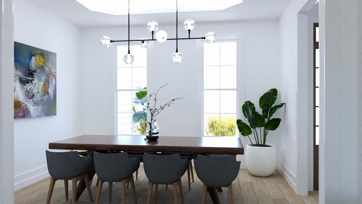 Dining room with wooden table, upholstered chairs, contemporary chandelier, and large windows.
