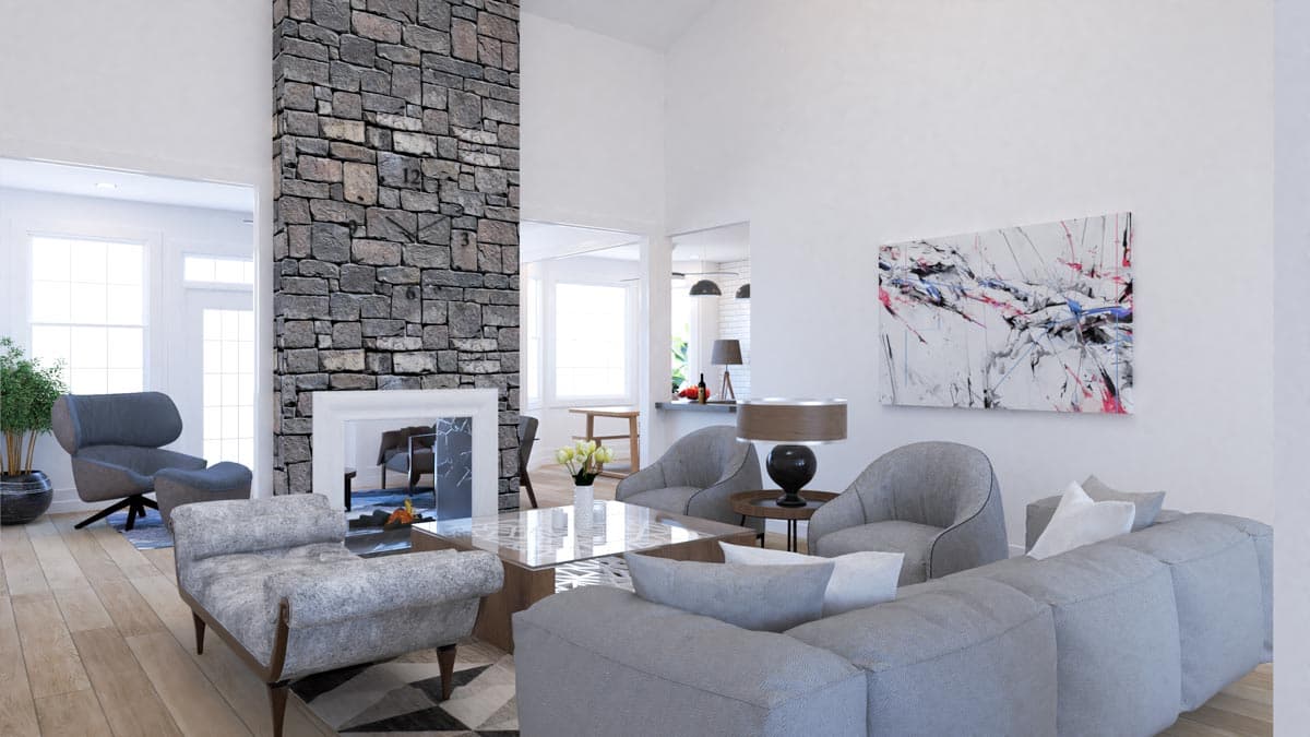 Interior rendering of a living room with a tall stone fireplace, vaulted ceiling, open layout to kitchen, and modern seating.