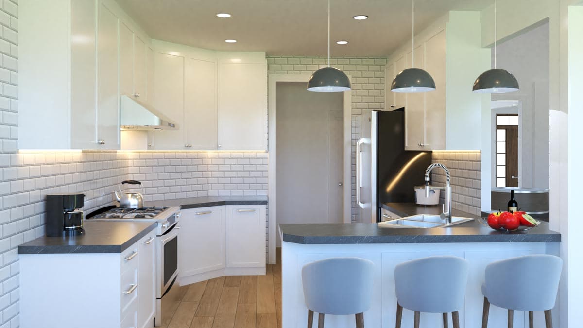 Kitchen rendering with white cabinets, subway tile backsplash, dual sink island with bar stools, and stainless steel appliances.
