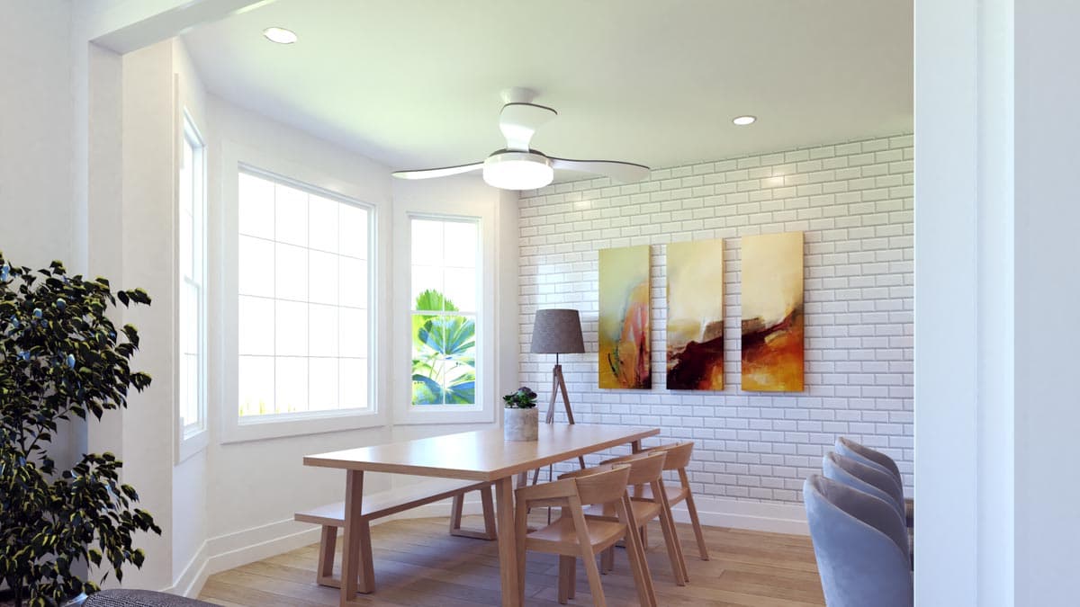 Dining area with a bay window, light wood table and chairs, bench, and subway tile accent wall.