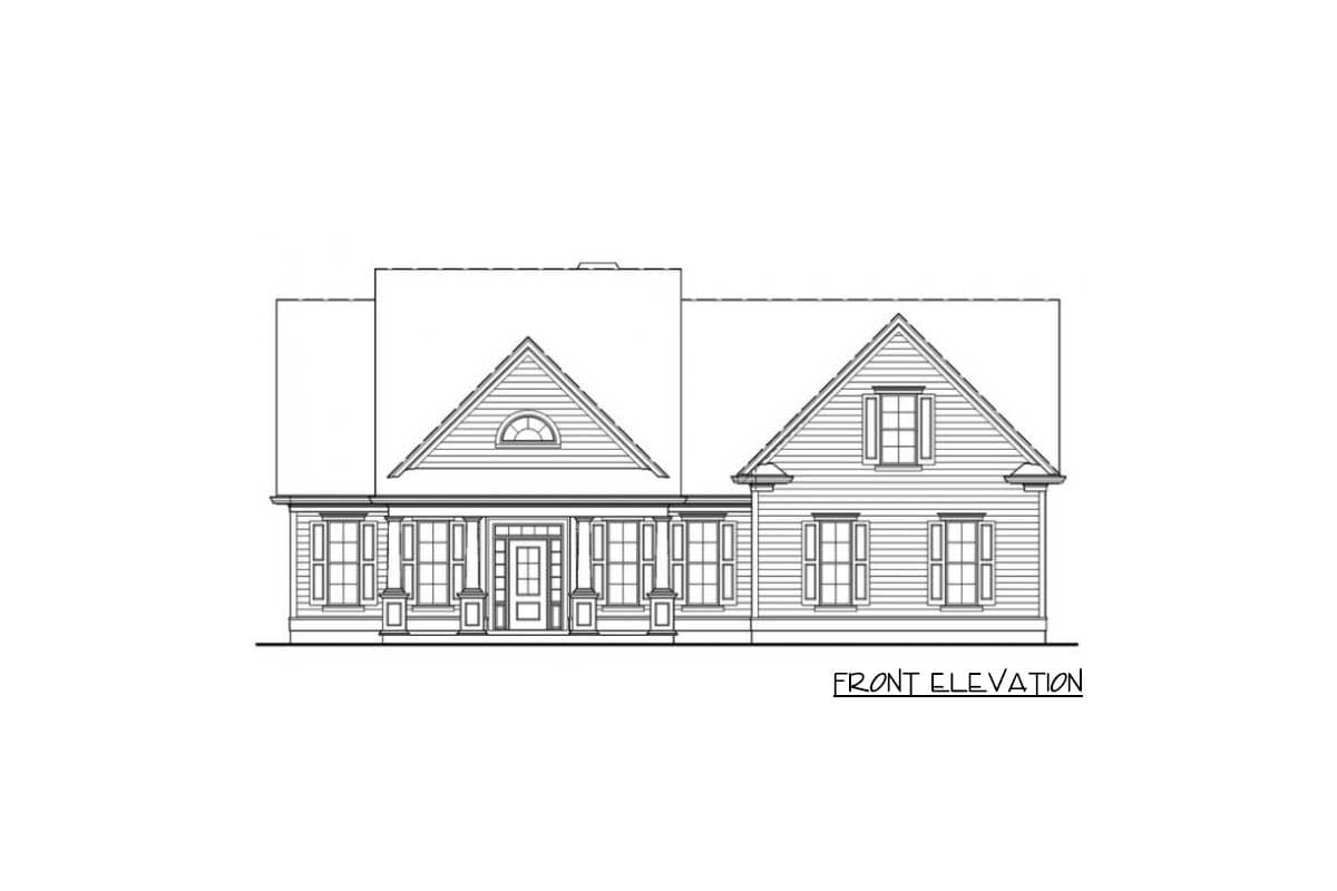 Front elevation drawing of a two-story house plan featuring a covered front porch, gabled roof, and dormer windows.