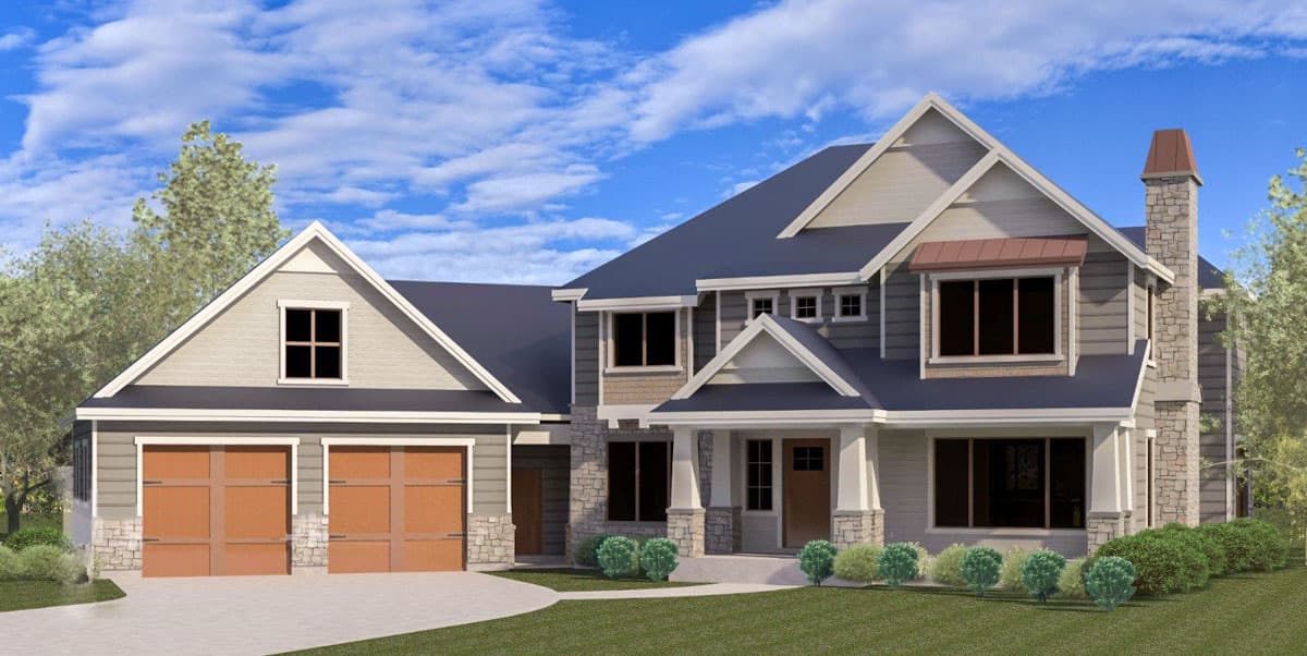 House plan exterior. Two-story home with Craftsman style elements. Features include gabled roof, stone chimney, and front porch with columns.