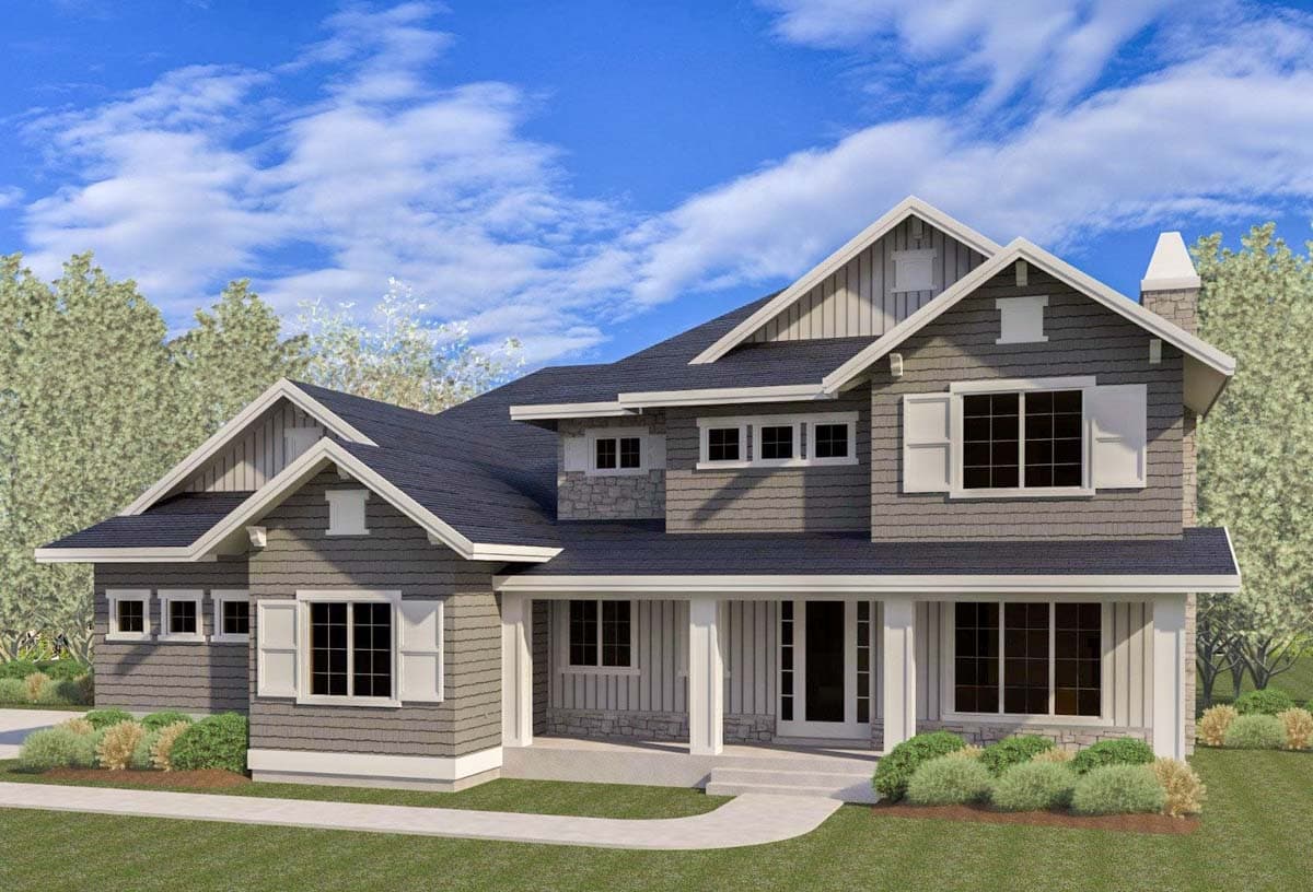 House plan exterior. Two-story Craftsman home with a gabled roof, covered porch, and dormers. Features include decorative shutters and stone accents.
