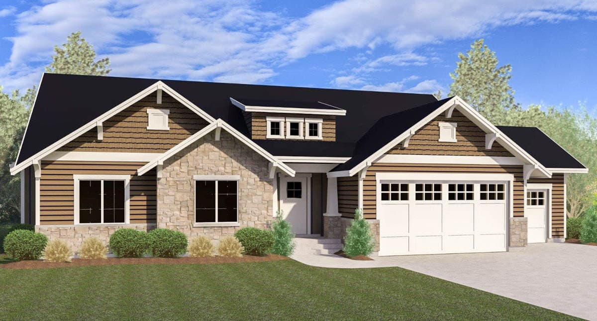 House plan exterior featuring a Craftsman style with gabled rooflines, dormers, and a garage. Includes stone and wood siding details.