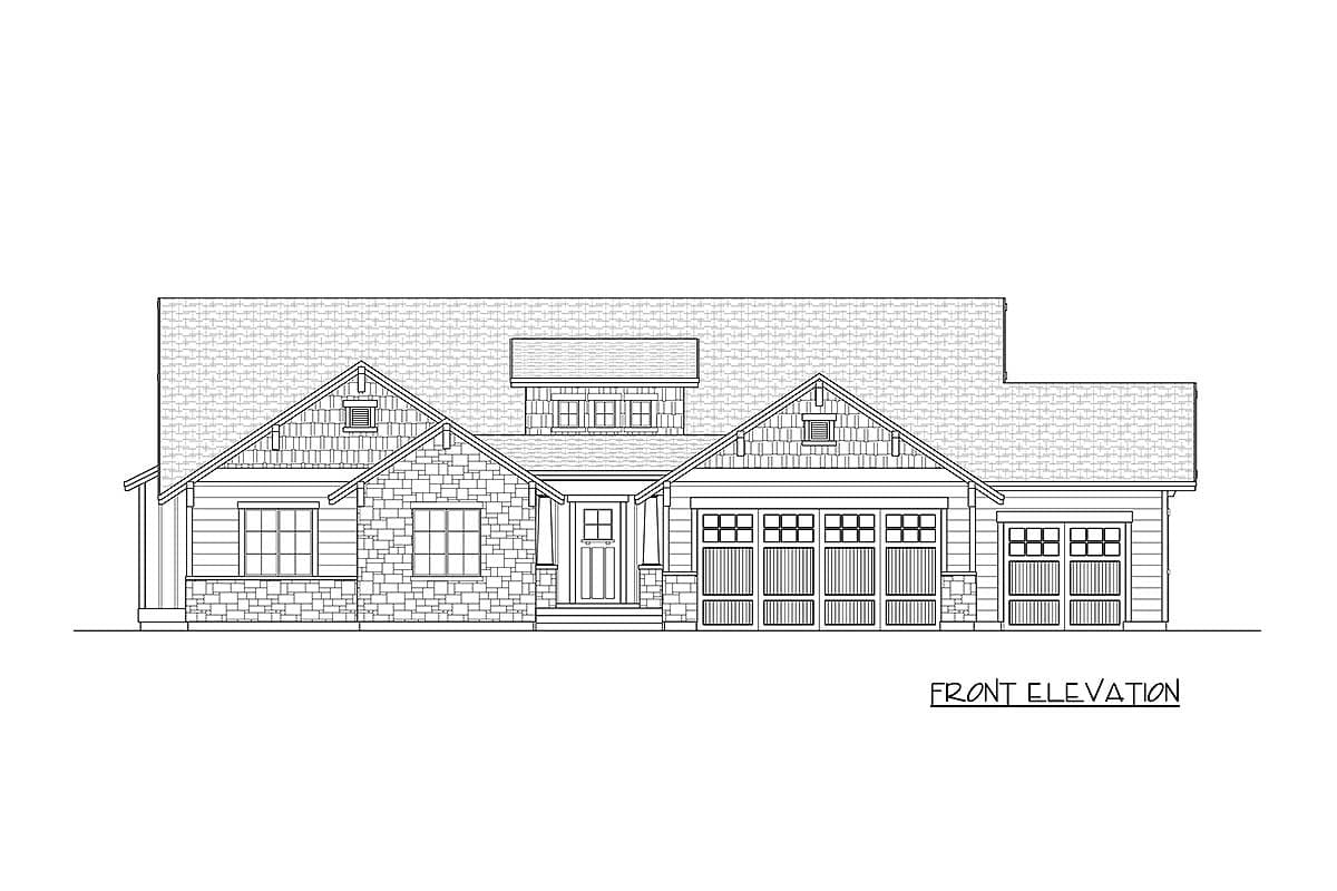 Front elevation drawing of a one-and-a-half-story house plan with gables, stone and shingle siding, and a three-car garage.