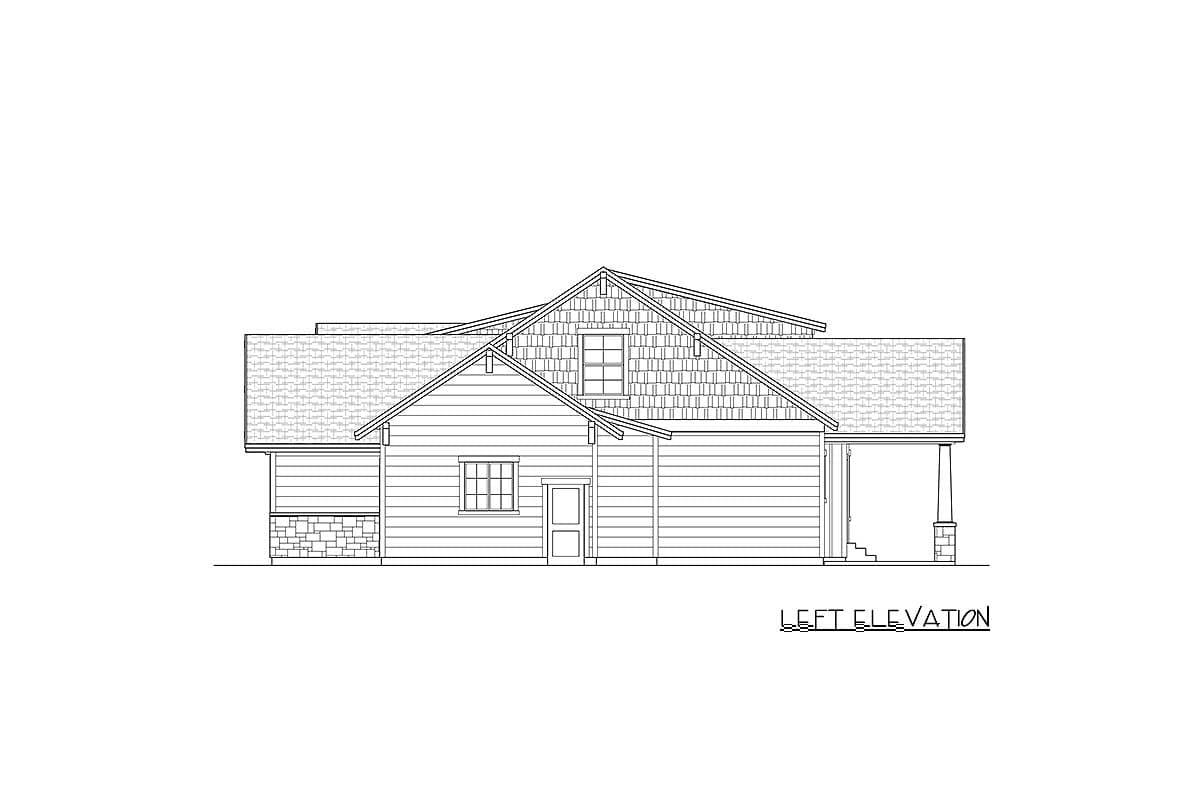 Left elevation of a house plan, showing siding, stone base, gabled dormer, and covered porch with stone pillars.