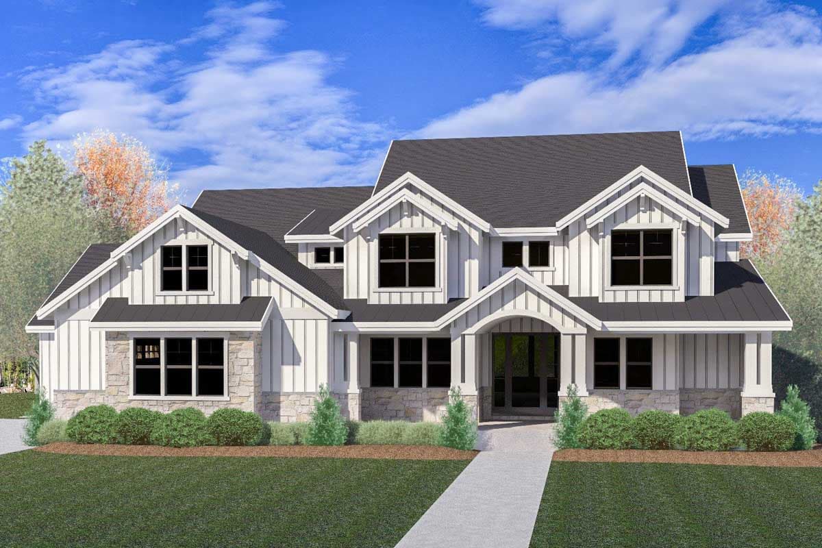 House plan exterior. Two-story Modern Farmhouse with board and batten siding, gables, and a covered front porch with stone accents.