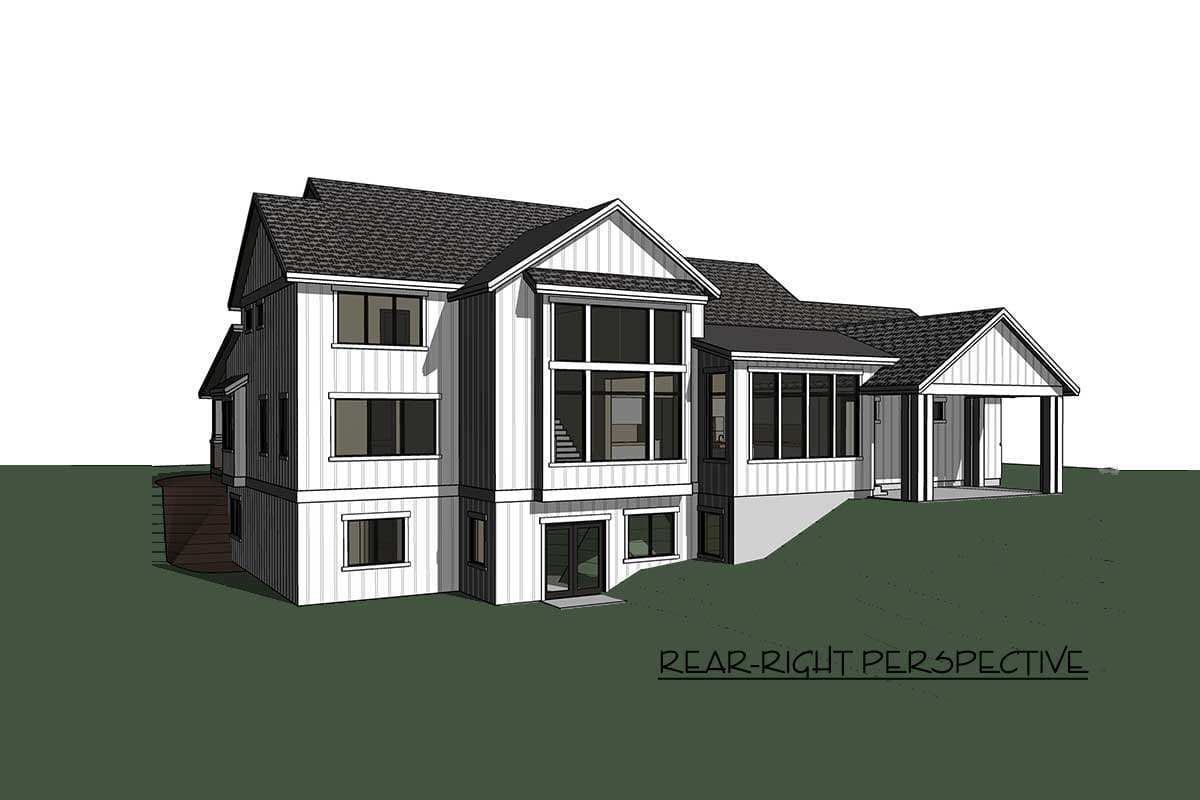 House plan exterior, two stories, modern farmhouse style, multiple gables, large windows, and attached carport.