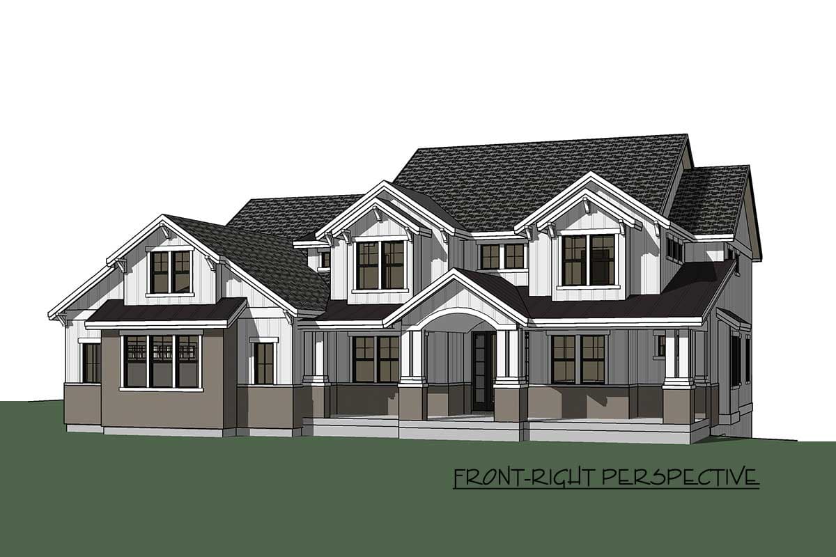 House plan exterior: Modern Farmhouse style with multiple gables, dormers, a covered porch, and board and batten siding.