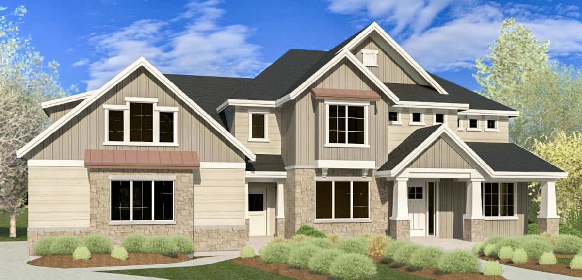 House plan exterior with Craftsman style. Two-story home with gables, stone accents, and a covered porch. Features multiple rooflines.