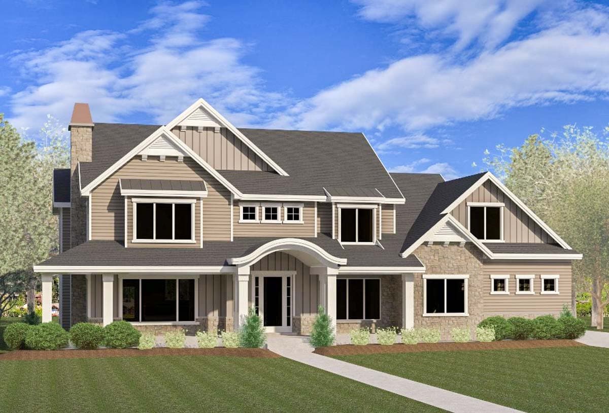 House plan exterior. Two-story, Craftsman-style home with front porch, multiple gables, stone accents, and varied rooflines.