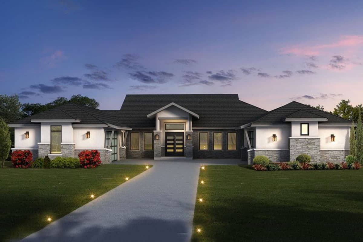 House plan exterior with a single story, Modern design, featuring a covered entry, stone accents, and a low-sloped roof.