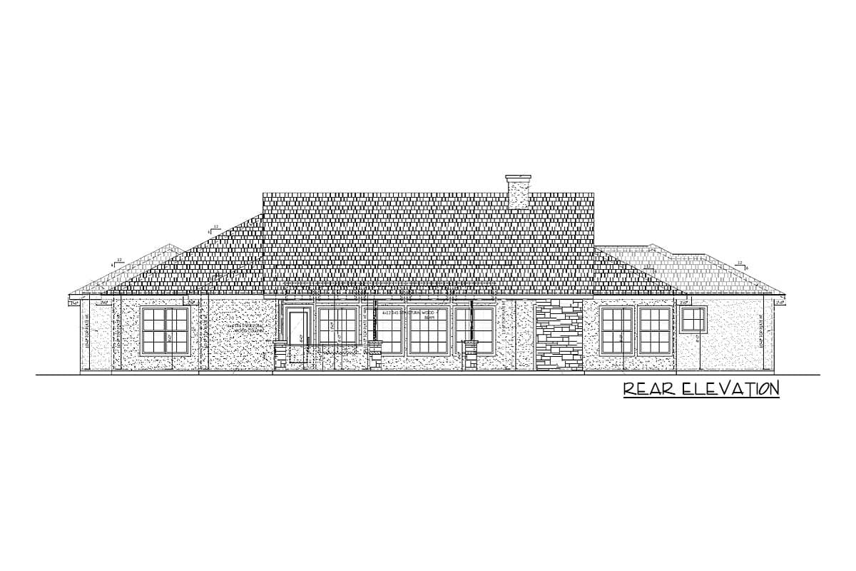 Rear elevation house plan drawing showing a single-story home with multiple gables, prominent rooflines, and a stone accent wall.