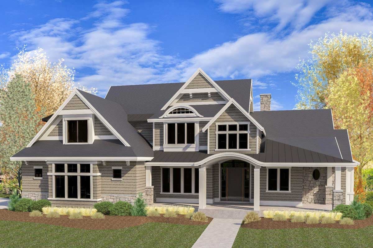 House plan exterior. Two-story Craftsman home with gabled roof, arched entryway, and dormer windows. Stone accents and covered porch.