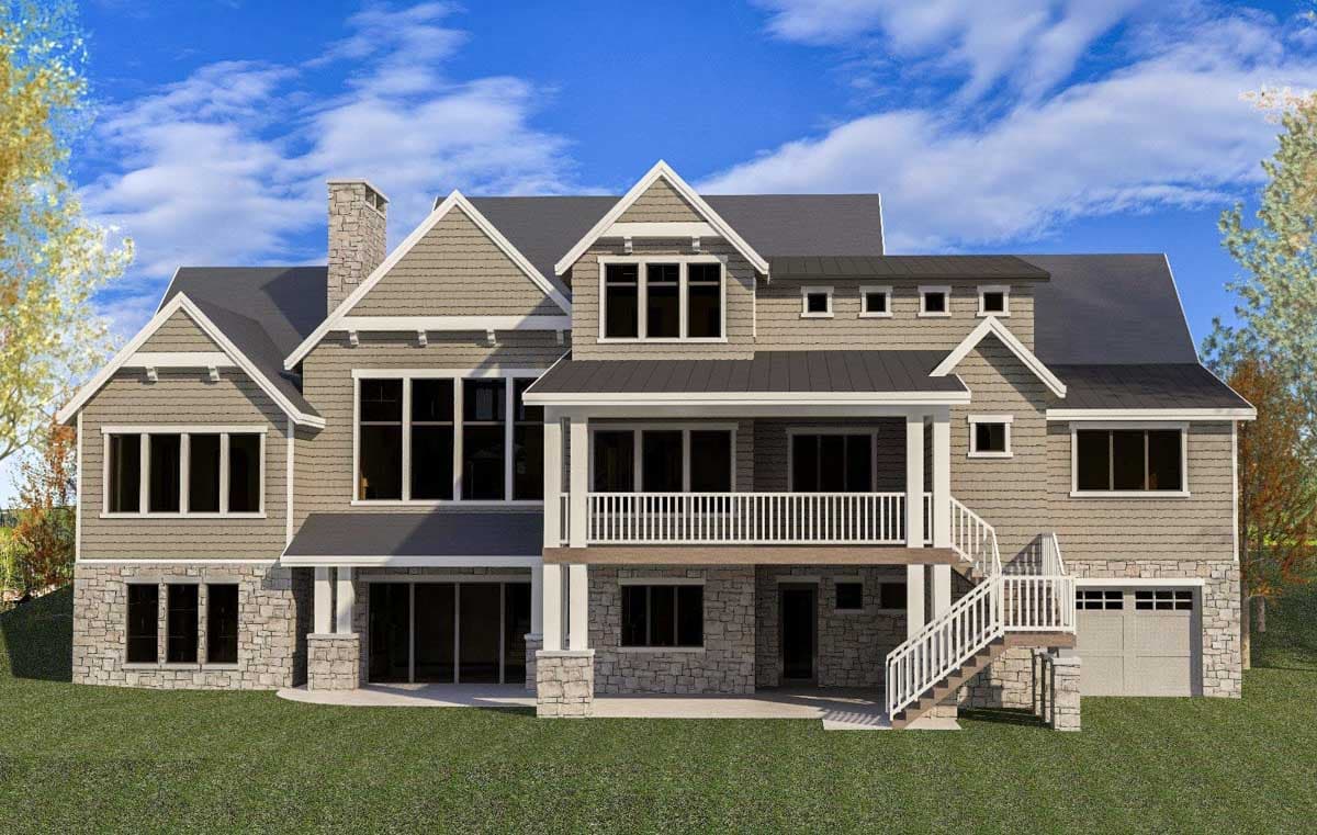 House plan exterior with stone base, multiple gables, second-story deck, and attached two-car garage.