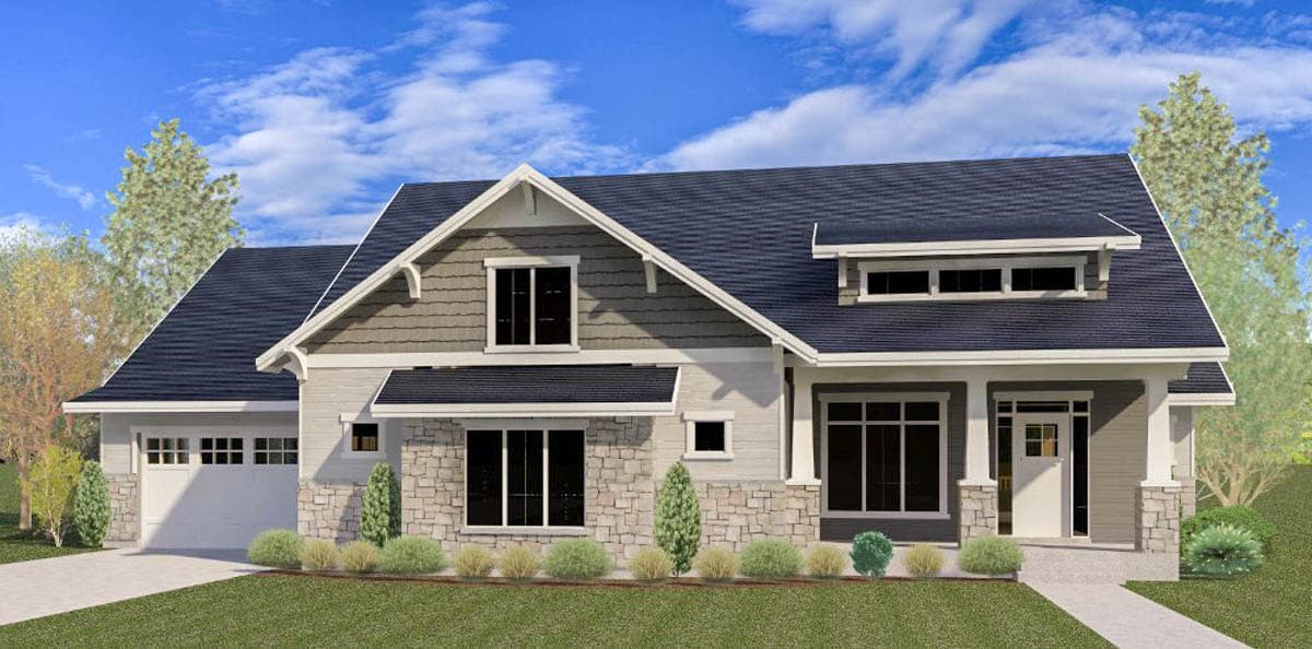 House plan exterior. Craftsman style with a gabled roof, stone veneer, and a covered front entry. Two-story with an attached garage.