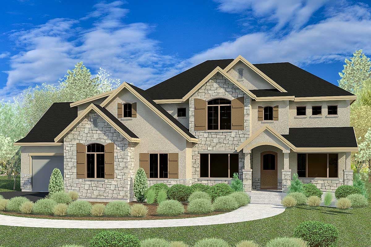 House plan exterior with stone veneer, multiple gables, arched entry, and shuttered windows. Two-story with an attached garage.