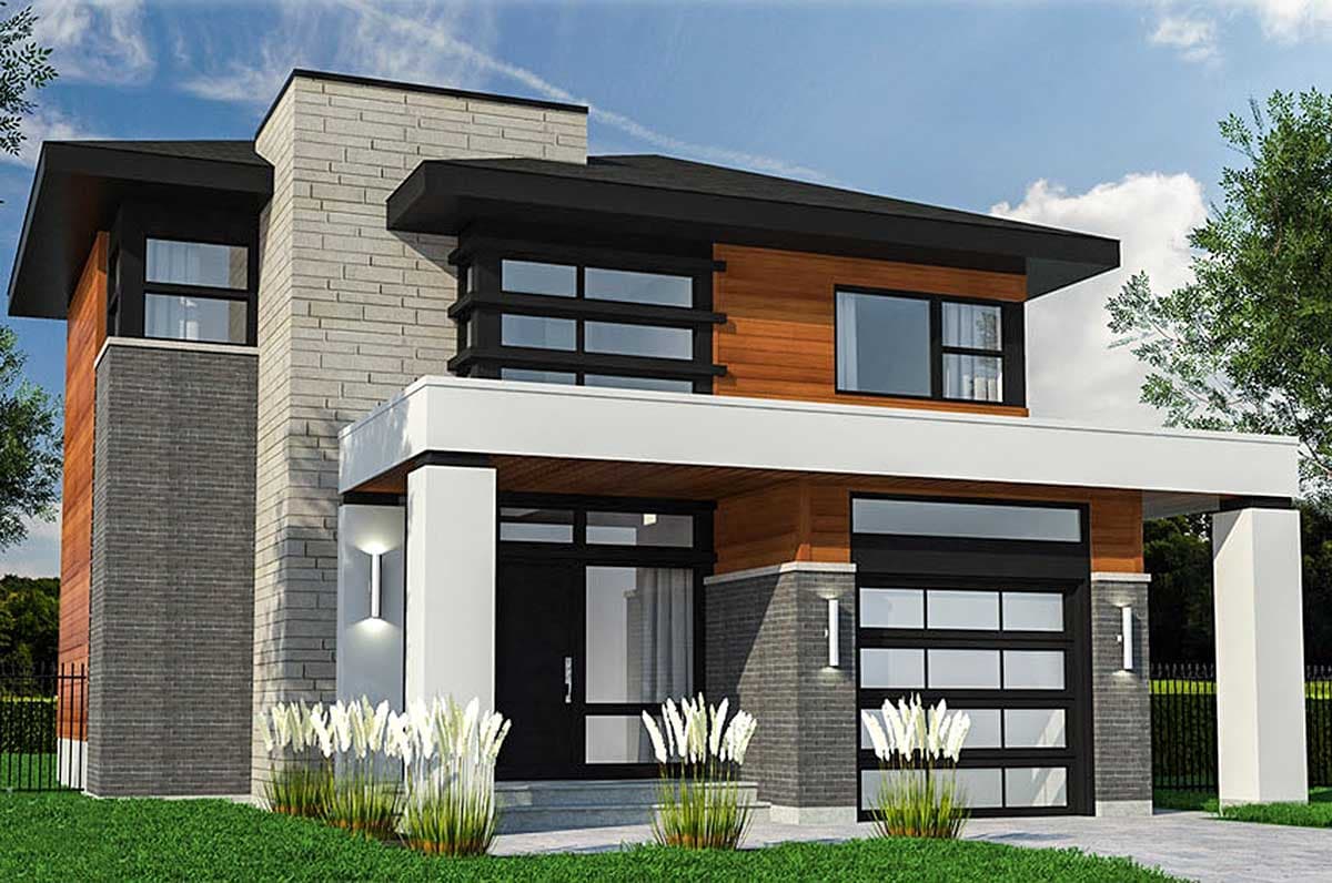 Modern house plan exterior featuring layered volumes, wood siding, brick, large windows, and an attached glass garage door.
