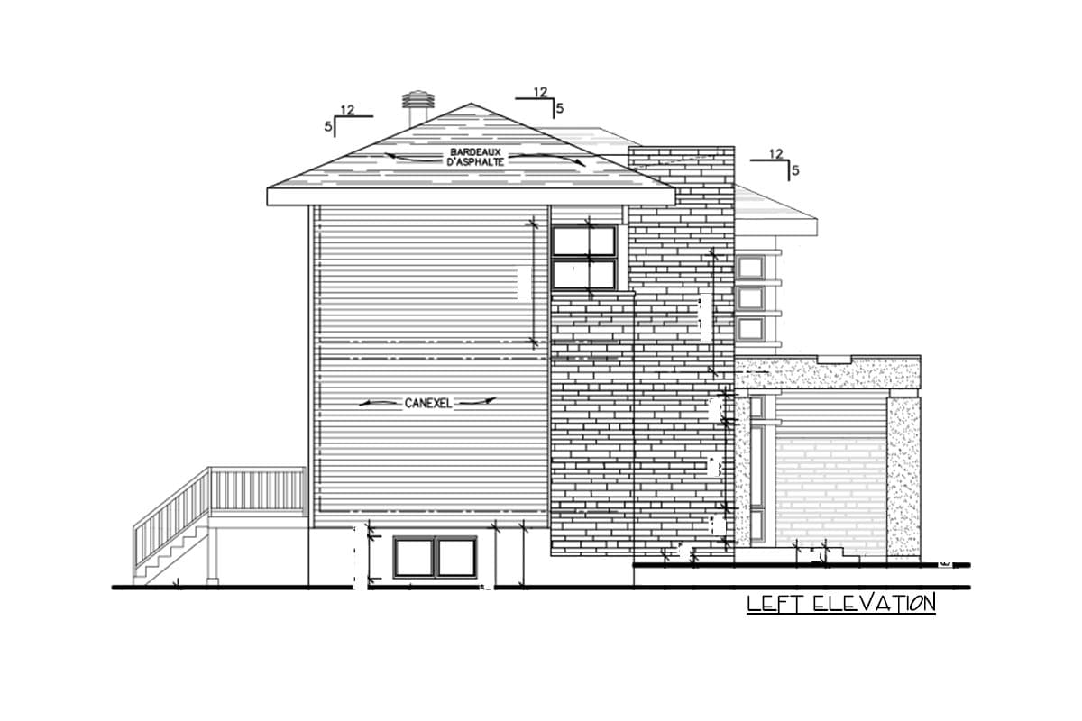 Left elevation house plan with horizontal siding, brick chimney, gabled roof, and deck. Shows asphalt shingles and "Canexel" siding.