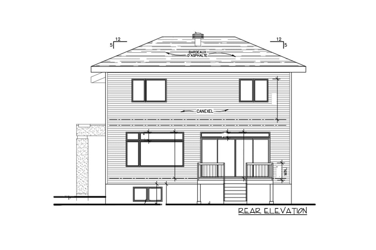 Rear elevation house plan drawing showing two stories, gabled roof with asphalt shingles, Canexel siding, and multiple windows and doors.