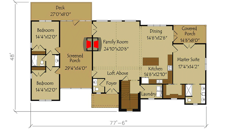 Plan 92383MX: Big Dogtrot House Plan with Lower Level Expansion - 2219 Sq Ft - Floor Plan - Main Level - Country, Craftsman, Mountain, Rustic, Vacation